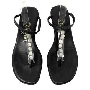 Chanel CC Charm Thong Sandals Black Leather Flats Y2K EU 36.5 / US 6.5